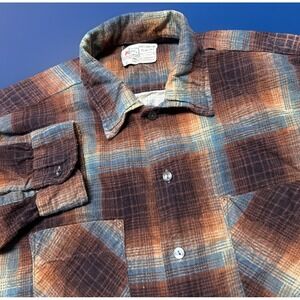Vintage 70s Kmart Long Sleeve Button Up Flannel Shirt Size Large Brown Plaid